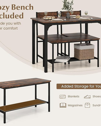 Moccha Dining Table Set for 4, Wooden Kitchen Table with with 2 Chairs and a Long Bench, Modern 4-Piece Dinette with Metal Frame & Storage Rack, Space-Saving Table Set for Dining Room, Rustic Brown - LeafyLoom
