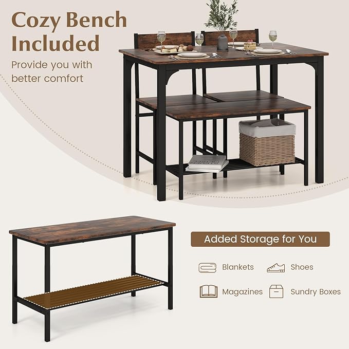 Moccha Dining Table Set for 4, Wooden Kitchen Table with with 2 Chairs and a Long Bench, Modern 4-Piece Dinette with Metal Frame & Storage Rack, Space-Saving Table Set for Dining Room, Rustic Brown - LeafyLoom