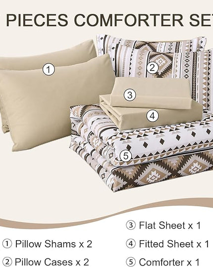 Dinjoy Khaki Aztec Comforter Set Queen Size,7 Pieces Bed in a Bag Queen Beige Boho Bedding Sets with Sheets Bohemian Geometric Striped Complete Set for All Seasons 90"x90" - LeafyLoom