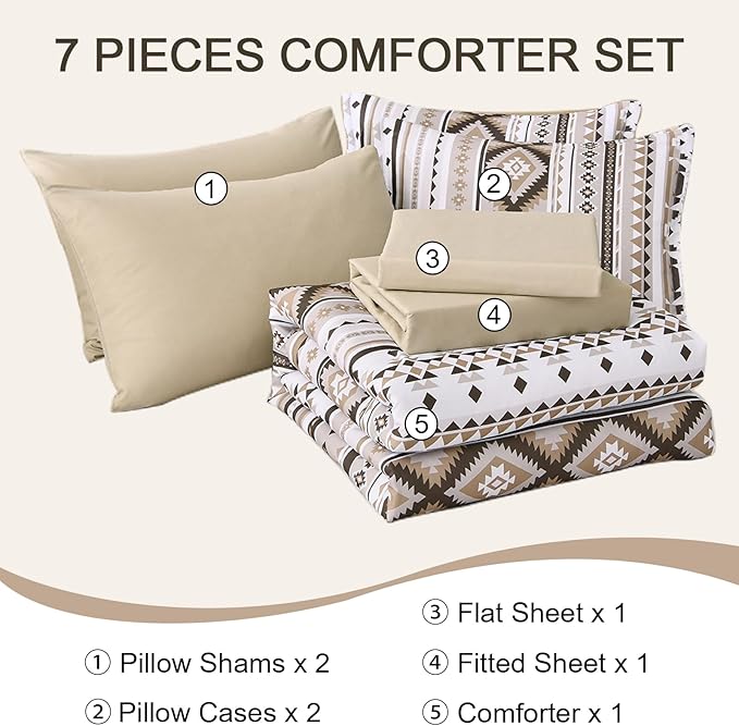 Khaki Aztec Comforter Set King,7 Pieces Bed in A Bag King Size Boho Striped Bedding Set Bohemian Patchwork Complete Set Geometric Pattern Comforters for Women Men 90"×104" - LeafyLoom