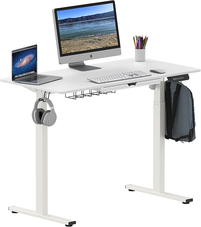 SHW Memory Preset Electric Height Adjustable Standing Desk, 48 x 24 Inches, White - LeafyLoom