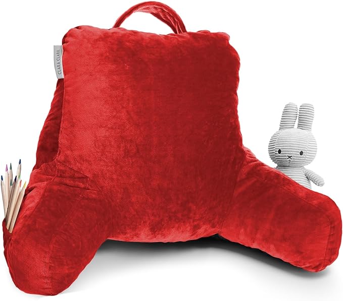 Clara Clark Reading Pillow for Kids, Small Back Pillow for Sitting Up in Bed, Memory Foam Back Support Pillow, Reading Pillows for Sitting in Bed, Red Gaming Pillow for Bed Chair with Arms and Pockets - LeafyLoom