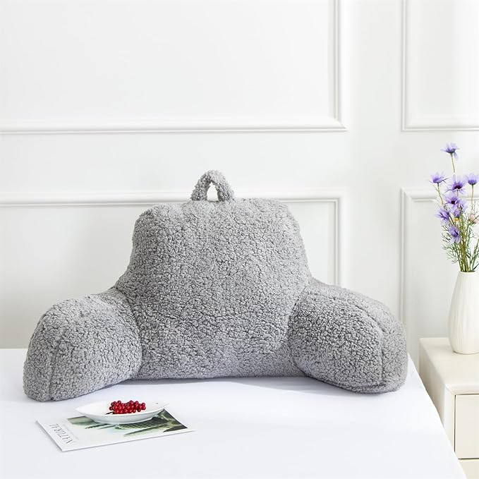 A Nice Night Sherpa Fleece Flannel Reading Pillow Bed Wedge Children Backrest with Arms Back Support for Sitting Up in Bed/Couch,Grey - LeafyLoom
