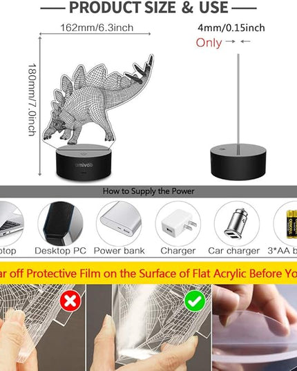 Dinosaur 3D Night Light for Kids 16 Colors Changing 3D Optical Illusion Lamp with Smart Touch & Remote Control, Best Gift for Girls Boys Kids (Stegosaurus) - LeafyLoom