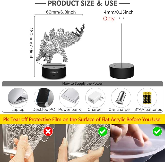 Dinosaur 3D Night Light for Kids 16 Colors Changing 3D Optical Illusion Lamp with Smart Touch & Remote Control, Best Gift for Girls Boys Kids (Stegosaurus) - LeafyLoom