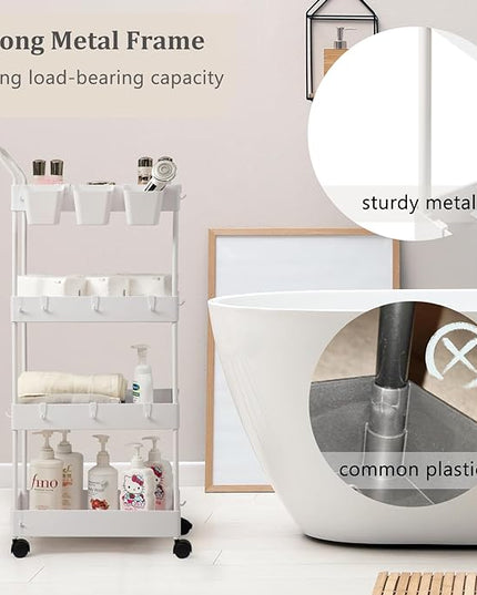 danpinera Storage Cart, 4 Tier Narrow Rolling Storage Cart with Wheels Dividers Bathroom Cart Organizer Slim Laundry Cart with Handle Hanging Cups Hooks, White - LeafyLoom