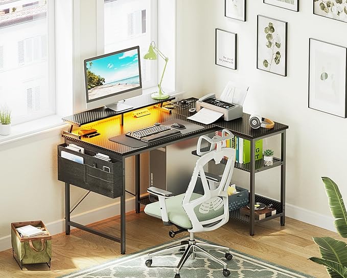 ODK 48 Inch Gaming Desk with USB Charging Ports and LED Lights, Reversible L Shaped Computer Desk with Storage Shelves & Monitor Stand, Corner Gamer Desk Table with Power Outlets, Carbon Fiber Black - LeafyLoom