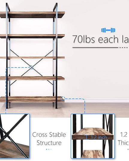 45MinST 5-Tier Vintage Industrial Style Bookcase/Metal and Wood Bookshelf Furniture for Collection,Vintage Brown, 3/4/5 Tier (5-Tier) - LeafyLoom