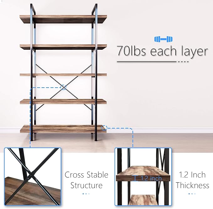 45MinST 5-Tier Vintage Industrial Style Bookcase/Metal and Wood Bookshelf Furniture for Collection,Vintage Brown, 3/4/5 Tier (5-Tier) - LeafyLoom