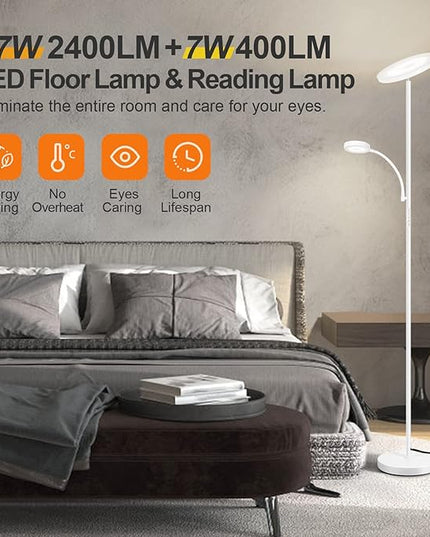 OUTON LED Floor Lamp, 27W/2400LM Modern Torchiere Lamp & 7W/ 400LM Reading Lamp, Bright Dimmable Standing Tall Lamp with 4 Color Temperature, Remote Touch Control for Living Room Bedroom Office, White - LeafyLoom