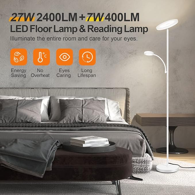 OUTON LED Floor Lamp, 27W/2400LM Modern Torchiere Lamp & 7W/ 400LM Reading Lamp, Bright Dimmable Standing Tall Lamp with 4 Color Temperature, Remote Touch Control for Living Room Bedroom Office, White - LeafyLoom