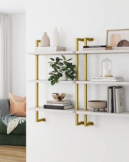 Nathan James Theo 3-Shelf Small Bookcase, Floating Wall Mount Bookshelf with Wood and Industrial Pipe/Metal Frame, White/Brass Gold - LeafyLoom