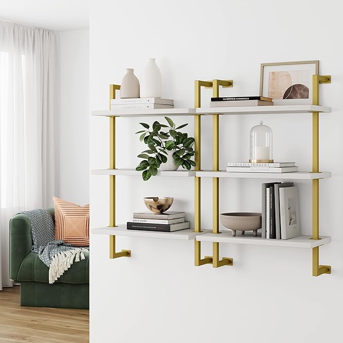 Nathan James Theo 3-Shelf Small Bookcase, Floating Wall Mount Bookshelf with Wood and Industrial Pipe/Metal Frame, White/Brass Gold - LeafyLoom