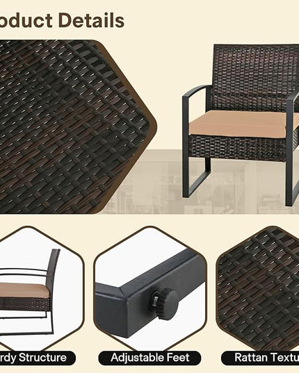 3 Pieces Patio Furniture Set, Outdoor Patio Set, Patio Bistro Set, All-Weather Wicker Conversation Set with Cushions Table for Porch Backyard (Brown-Brown) - LeafyLoom
