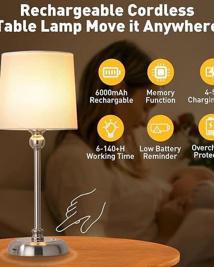 Cordless LED Table Lamp, 6000mAh Rechargeable Bedside Night Lamp for Bedroom, Portable Touch Stepless Dimmable Battery Operated Lamp, Ambient Light for Patio Restaurant(Brushed Nickel H) - LeafyLoom