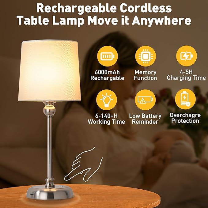 Cordless LED Table Lamp, 6000mAh Rechargeable Bedside Night Lamp for Bedroom, Portable Touch Stepless Dimmable Battery Operated Lamp, Ambient Light for Patio Restaurant(Brushed Nickel H) - LeafyLoom