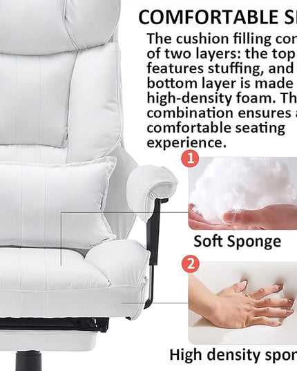 Fabric Office Chair, Big and Tall Office Chair 400 lb Weight Capacity, High Back Executive Office Chair with Foot Rest, Ergonomic Office Chair for Back Pain Relief, White - LeafyLoom