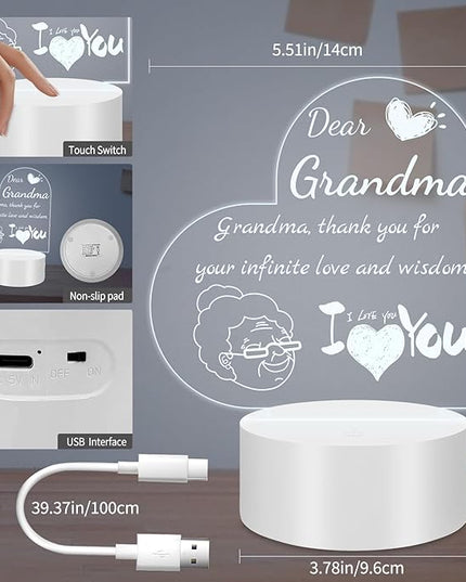 Night Light Gifts for Grandma: Engraved Acrylic LED Rechargeable Night Lamp with 3 Level of Dimming and 10 Color Modes-Grandmother's Birthday Christmas Mothers Day Gifts from Grandchildren - LeafyLoom