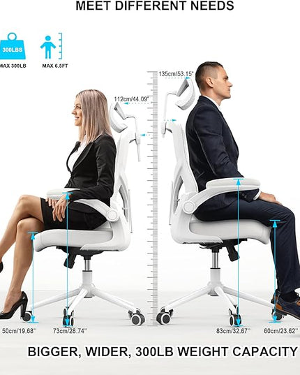 𝑯𝑶𝑴𝑬 𝑶𝑭𝑭𝑰𝑪𝑬 𝑪𝑯𝑨𝑰𝑹, Ergonomic Mesh Desk Chair, High Back Computer Chair- Adjustable Headrest with Flip-Up Arms, Lumbar Support, Swivel Executive Task Chair (Modern, White) - LeafyLoom