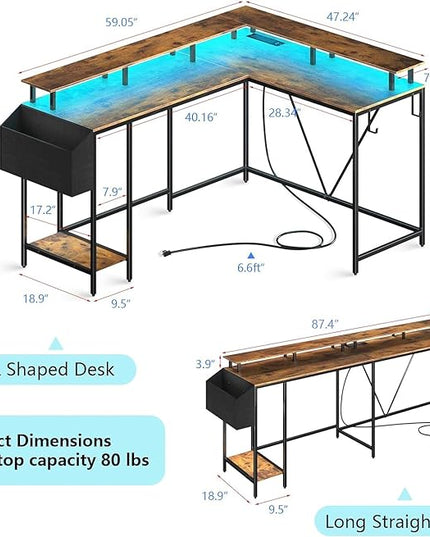 L Shaped Gaming Desk with Power Outlets & LED Lights, Computer Desk with Monitor Stand & Storage Shelf, Home Office Desk Corner Desk with Hooks, Easy to Assemble, Rustic Brown - LeafyLoom