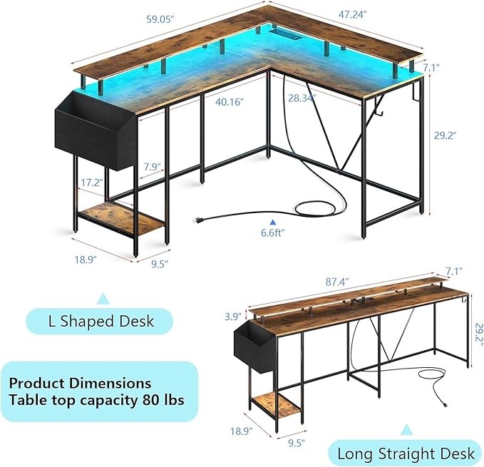 L Shaped Gaming Desk with Power Outlets & LED Lights, Computer Desk with Monitor Stand & Storage Shelf, Home Office Desk Corner Desk with Hooks, Easy to Assemble, Rustic Brown - LeafyLoom