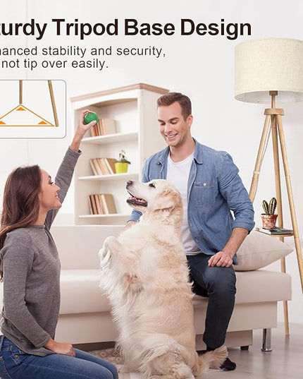 OUTON Wood Tripod Floor Lamp with Shelves, Mid Century Floor Lamp with Remote Control,4 Color Temperature, LED Modern Dimmable Standing Lamp with Beige Linen Shade for Living Room, Bedroom, Office - LeafyLoom