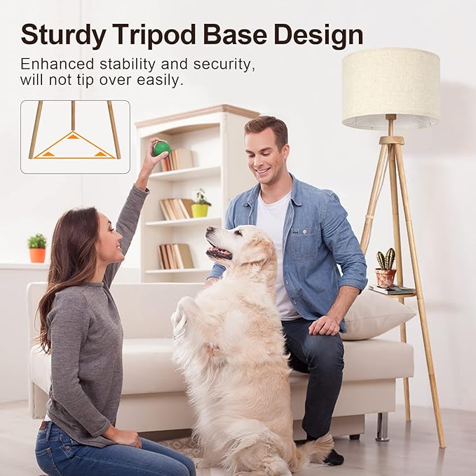 OUTON Wood Tripod Floor Lamp with Shelves, Mid Century Floor Lamp with Remote Control,4 Color Temperature, LED Modern Dimmable Standing Lamp with Beige Linen Shade for Living Room, Bedroom, Office - LeafyLoom