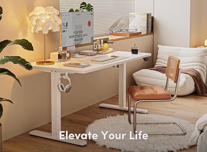 FEZIBO Electric Standing Desk, 55 x 24 Inches Height Adjustable Stand up Desk, Sit Stand Home Office Desk, Computer Desk, White - LeafyLoom