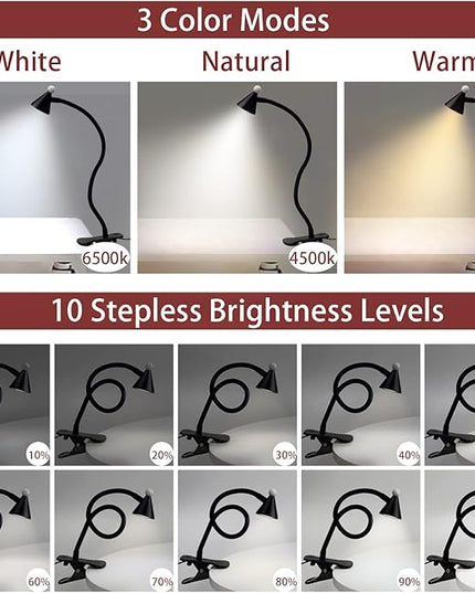 LED Desk Lamp with Clamp,Reading Light with Long Flexible Gooseneck,Clamp Light for Reading,Bed Lights for Headboard,Book Light for Kids with 30 Adjustable Color Modes,Clamp Lamp for Home, Black - LeafyLoom