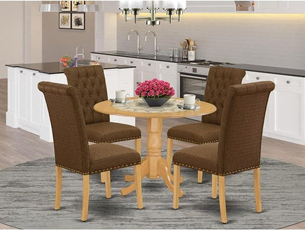 East West Furniture DLBR5-OAK-18 Dublin 5 Piece Room Set Includes a Round Dining Table with Dropleaf and 4 Brown Linen Fabric Upholstered Parson Chairs, 42x42 Inch, Oak - LeafyLoom
