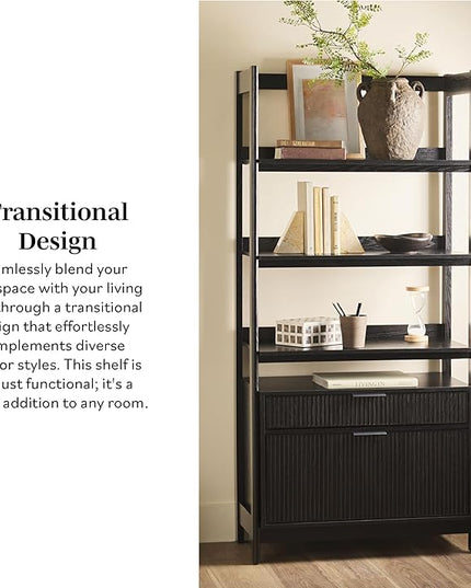 Walker Edison Modern Reeded 4-Shelf Bookshelf Bottom, 33 Inch, Two-Drawer Black - LeafyLoom