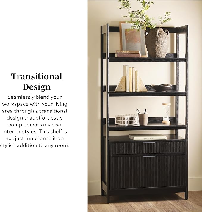 Walker Edison Modern Reeded 4-Shelf Bookshelf Bottom, 33 Inch, Two-Drawer Black - LeafyLoom