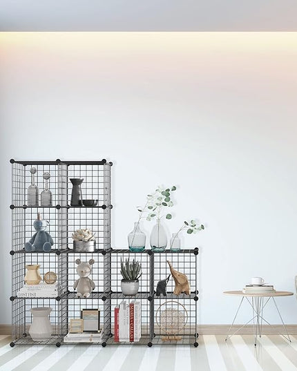 TUMUCUTE Wire Storage Cubes, Metal Storage Shelves Bookshelf, Stackable Modular Closet Organizer for Bedroom Living Room, Office, Black (12 Cubes, Iron) - LeafyLoom