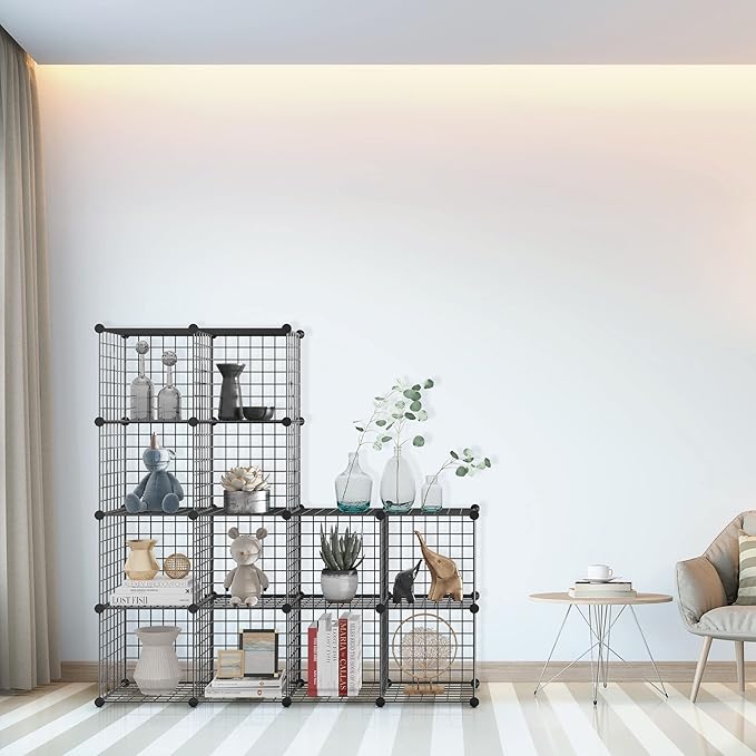 TUMUCUTE Wire Storage Cubes, Metal Storage Shelves Bookshelf, Stackable Modular Closet Organizer for Bedroom Living Room, Office, Black (12 Cubes, Iron) - LeafyLoom