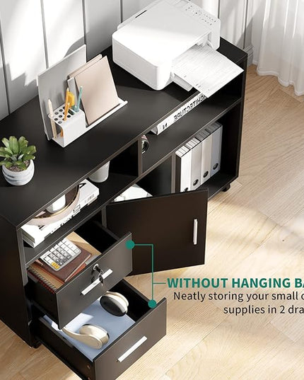 YITAHOME Wood File Cabinet, 2 Drawer Mobile Lateral Storage Cabinet Printer Stand with Lock and Open Storage Shelves for Home Office, Black,Drawers without Hanging Bars - LeafyLoom