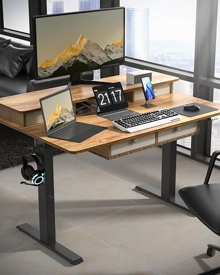 48 * 30 Inches Electric Standing Widened Desk Adjustable Height with 4 Drawers, Double Storage Shelves Stand Up Desk, Home Office Workstation Sit Stand up Desk (Light Rustic Brown) - LeafyLoom