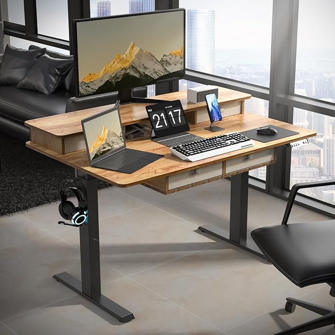 48 * 30 Inches Electric Standing Widened Desk Adjustable Height with 4 Drawers, Double Storage Shelves Stand Up Desk, Home Office Workstation Sit Stand up Desk (Light Rustic Brown) - LeafyLoom