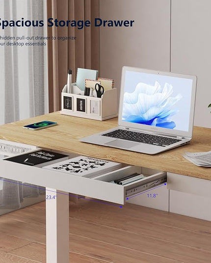 Standing Desk with Drawer and Wireless Charging,48x24 inch Dual Motor Standing Desk, Sit Stand Desk with Whole-Piece Desktop,Stand Up Desk for Home Office(White Oval Legs + Bamboo Top) - LeafyLoom