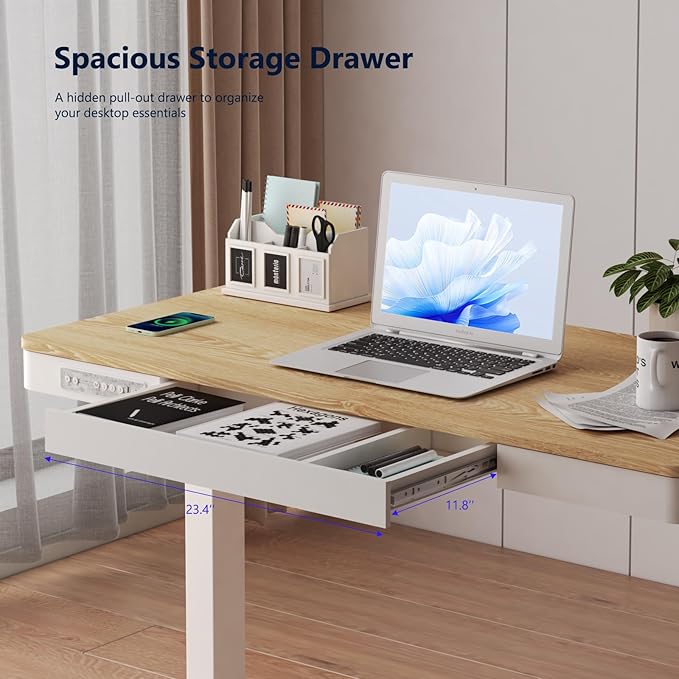Standing Desk with Drawer and Wireless Charging,48x24 inch Dual Motor Standing Desk, Sit Stand Desk with Whole-Piece Desktop,Stand Up Desk for Home Office(White Oval Legs + Bamboo Top) - LeafyLoom