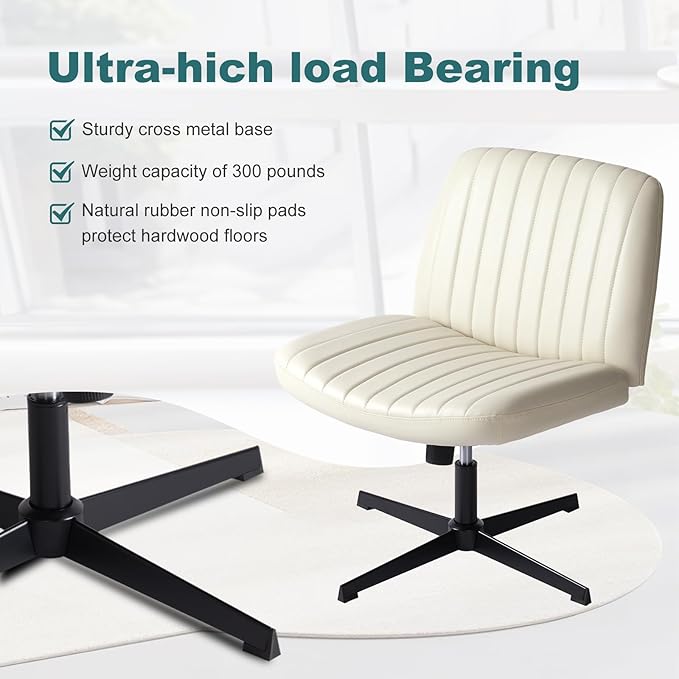 OLIXIS Cross Legged Armless Wide Adjustable Swivel Padded Home Office Desk Chair, Cream - LeafyLoom