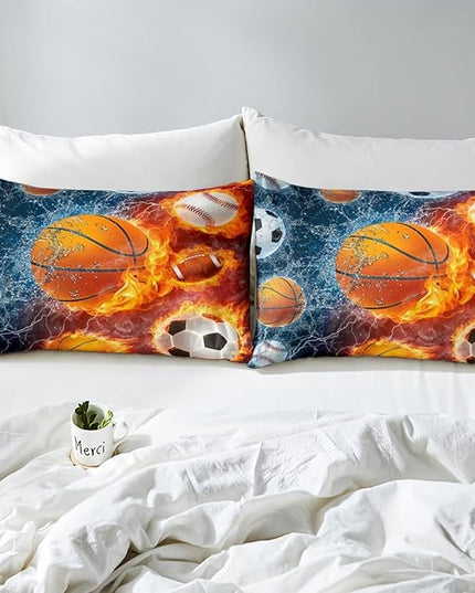 Erosebridal Sports Bedding Set for Boys Twin,Baseball Basketball Comforter Set Soccer Football Bedding Comforter Sets for Kids Teens Men,Red Blue Ice Fire Lightning Decor Quilt Duvet Set 2 Pcs - LeafyLoom