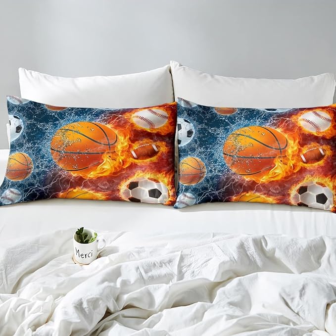Erosebridal Sports Bedding Set for Boys Twin,Baseball Basketball Comforter Set Soccer Football Bedding Comforter Sets for Kids Teens Men,Red Blue Ice Fire Lightning Decor Quilt Duvet Set 2 Pcs - LeafyLoom