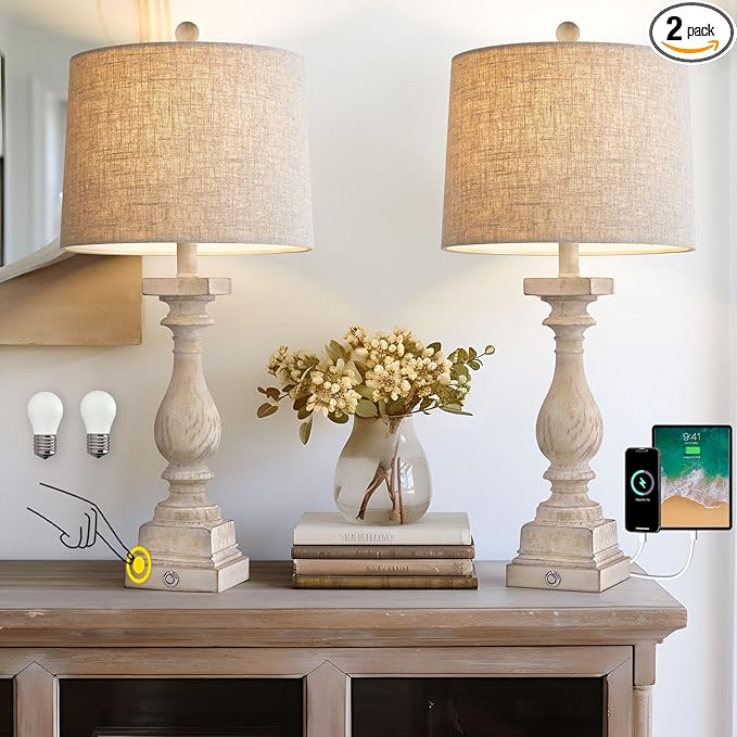 BOBOMOMO 27" Farmhouse 3-Way Dimmable Touch Control Table Lamp Set of 2 with USB A &USB C Charging Ports for Bedroom Living Room Vintage Rustic Traditional Nightstand Bedside Lamps (2 Bulbs Included) - LeafyLoom