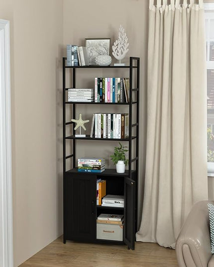 BLack Bookshelf with Doors,70" Tall Bookcase with Storage Cabinet,6 Tier Book Shelf for Living Room/Bedroom/Office/Kitchen,70"(H)*26"(L)*11.8"(W) - LeafyLoom