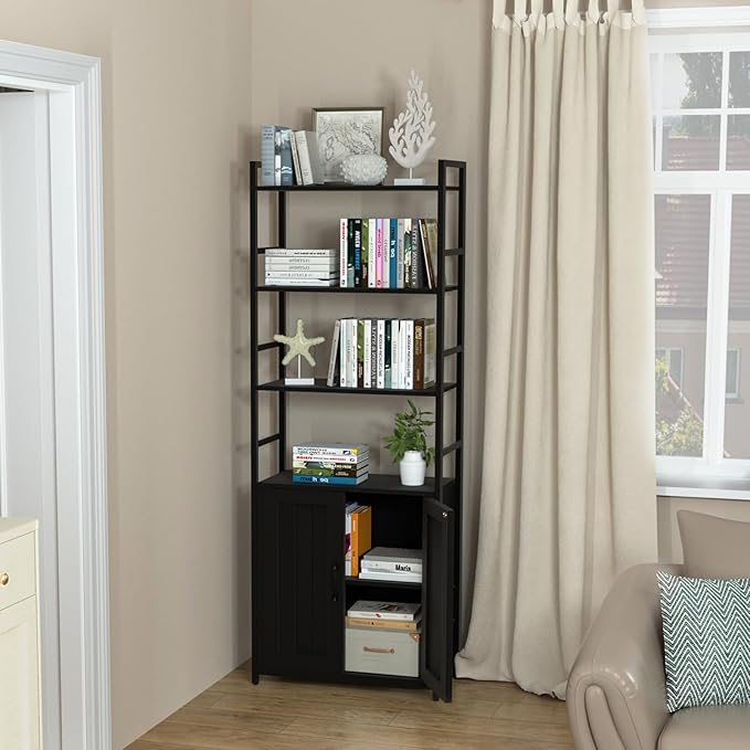 BLack Bookshelf with Doors,70" Tall Bookcase with Storage Cabinet,6 Tier Book Shelf for Living Room/Bedroom/Office/Kitchen,70"(H)*26"(L)*11.8"(W) - LeafyLoom