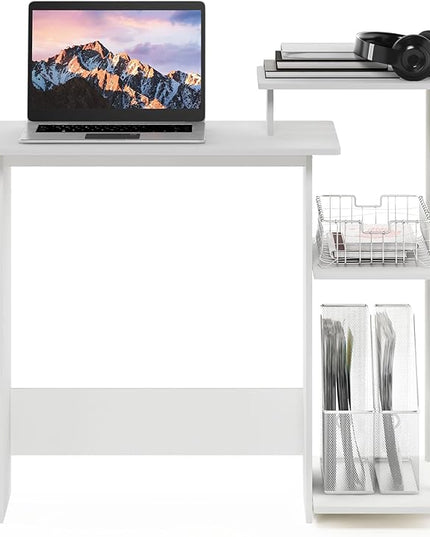 Furinno Efficient Computer Desk, Square Side Shelf, White/White - LeafyLoom