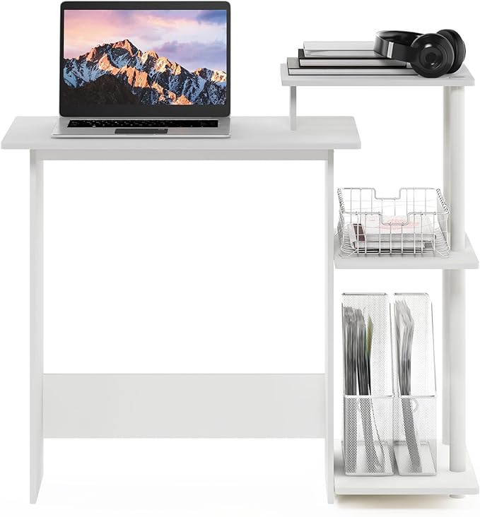 Furinno Efficient Computer Desk, Square Side Shelf, White/White - LeafyLoom