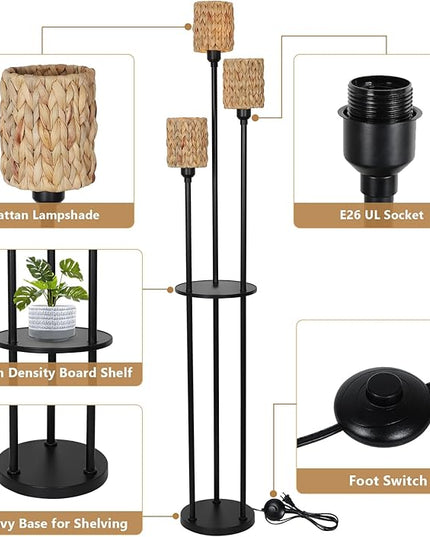 Boho Floor Lamp, 3-Lights Rattan Floor Lamp with Shelves, Farmhouse Floor Lamp with ON/OFF Foot Switch, Rustic Standing Lamp with Rattan Shades, Tall Shelf Floor Lamps for Living Room Bedroom - LeafyLoom
