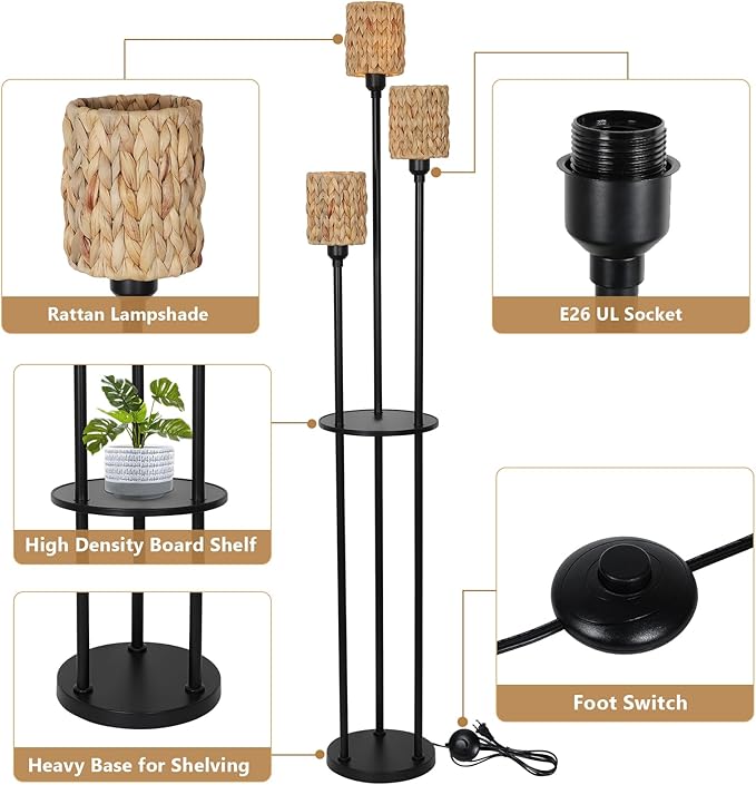 Boho Floor Lamp, 3-Lights Rattan Floor Lamp with Shelves, Farmhouse Floor Lamp with ON/OFF Foot Switch, Rustic Standing Lamp with Rattan Shades, Tall Shelf Floor Lamps for Living Room Bedroom - LeafyLoom