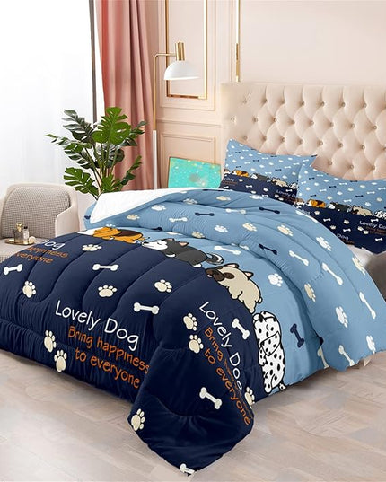 Bedding Set, 3Pcs Cartoon Dog Comforter Set for Boys, Queen Size, Lovely Puppy Patterns, Fun Animal Lover Quilt with 2 Pillowcases - LeafyLoom